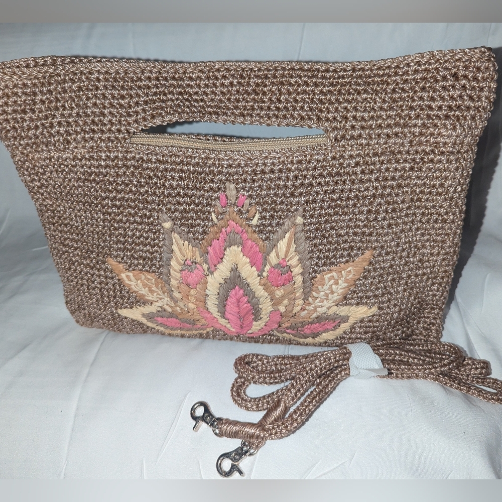 The Sak Linden Brown Hand Crochet Lotus Crossbodybag Clutch
